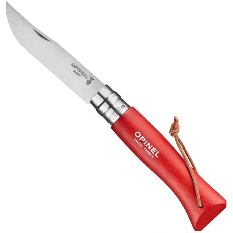 COUTEAU DE POCHE N°8 MANCHE EN BOIS ROUGE ET LIEN EN CUIR - LAME INOX 8.5CM  - OPINEL - BAROUDEUR