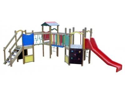Grand espace de jeux en bois pour enfants de 2 à 6 ans - Toboggan, filet de grimpe, mur d'escalade_0