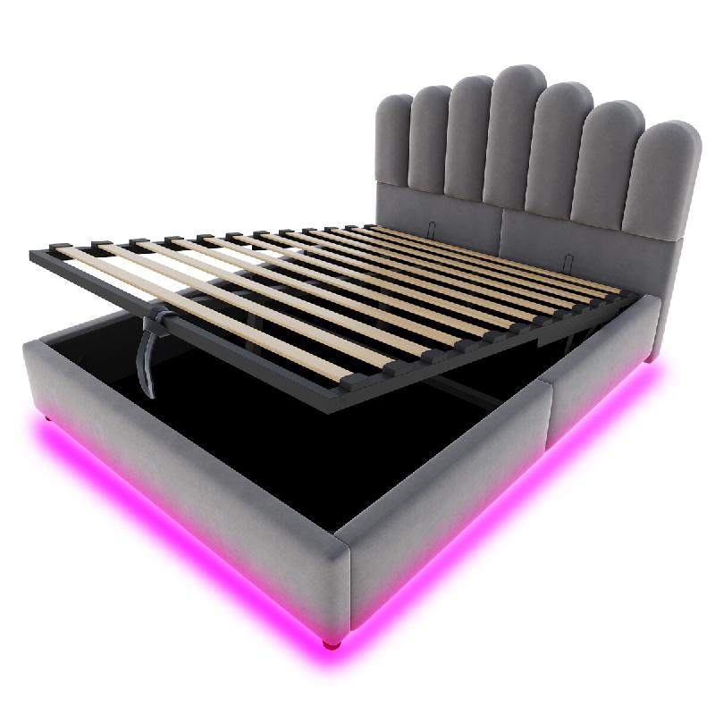 Merax Lit rembourré LED 140x200 cm, lit double en velours gris avec coffre hydraulique, sommier et tête volumineuse - gris multi-matériau LDU00628AAG_0