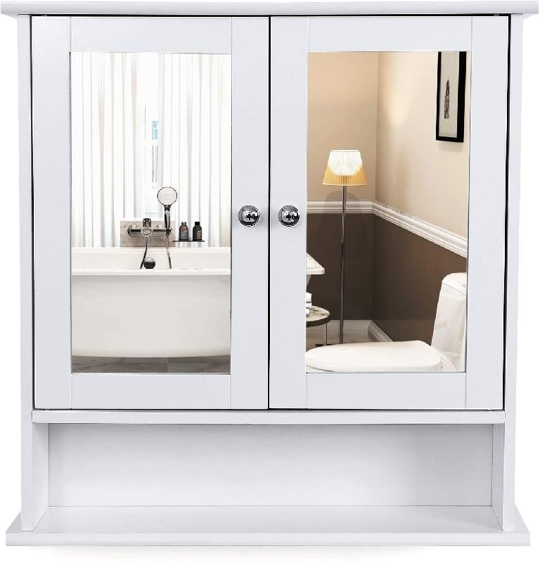 Armoire murale de pharmacie pour salle de bain - 2 miroirs - MDF blanc - 56x13x58 cm_0