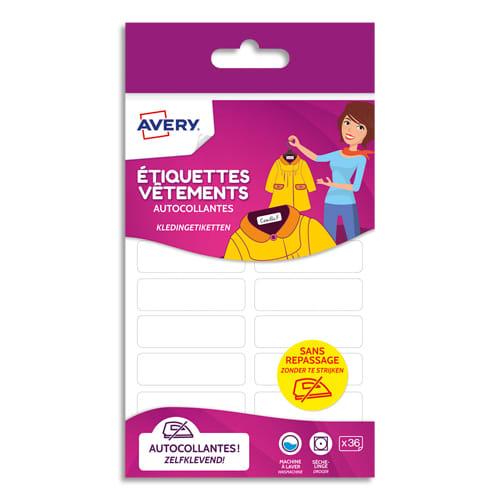 Avery blister de 36 étiquettes textiles autocollantes 13 x 45 mm - résistantes à la machine à laver et sèche-linge - coloris blanc_0