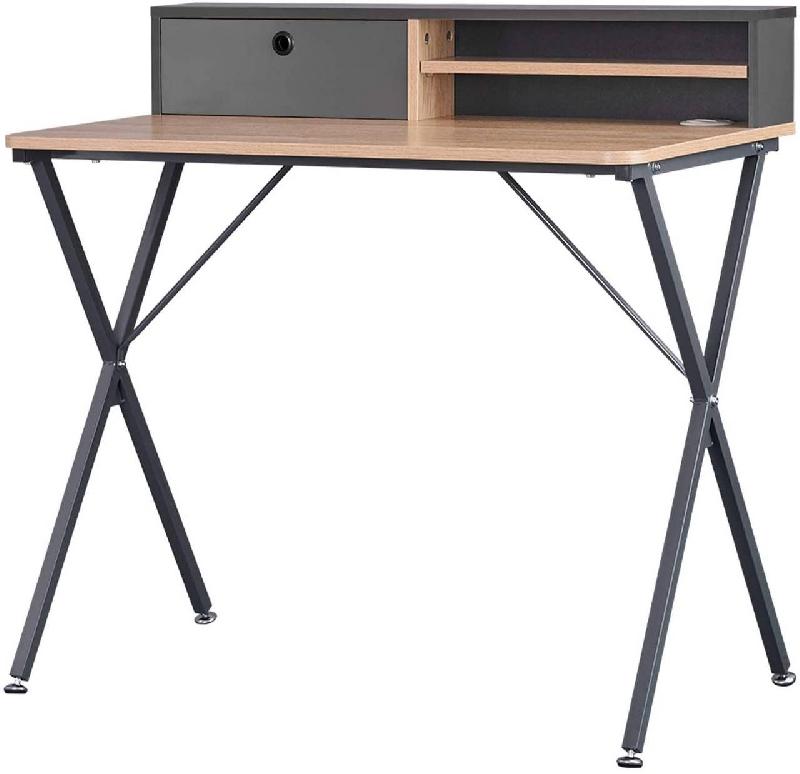 Bureau adulte avec étagère - 90 cm - couleur chêne gris clair - MDF classe E1 et cadre en métal robuste_0