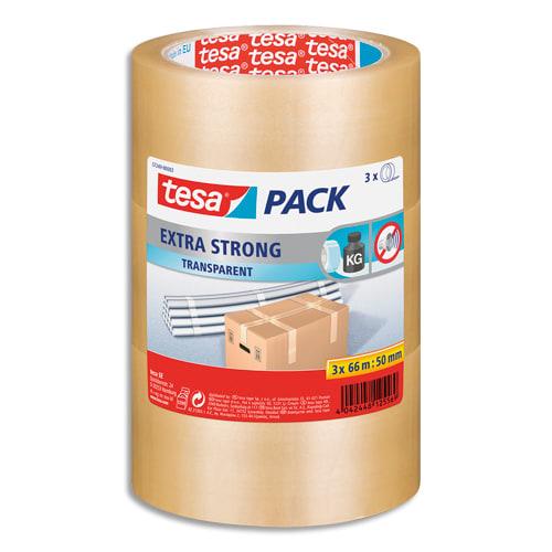 Tesa lot de 3 adhésifs d'emballage extra strong en pvc, 52 microns - h50 mm x l66 mètres transparent_0