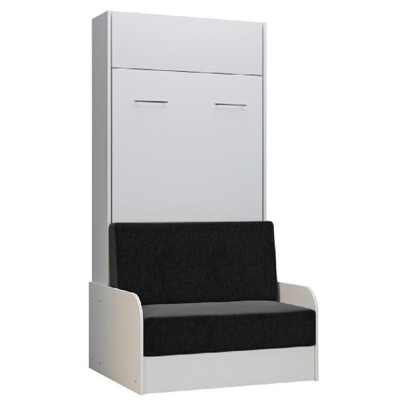 Armoire lit escamotable Dynamo Sofa - Canapé tissu anthracite avec accoudoirs mélaminés blancs - Couchage 90x200 cm_0
