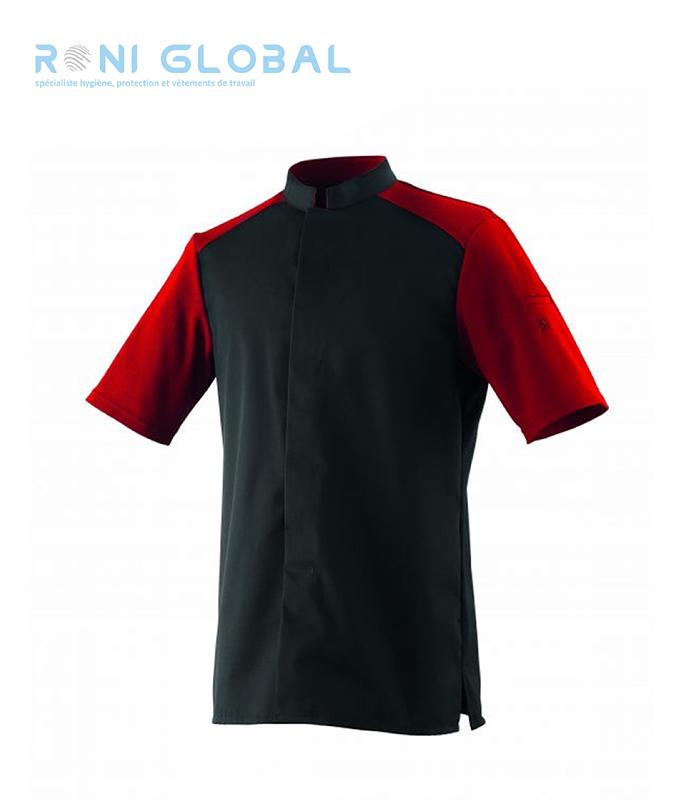Veste de cuisine noire et cerise unisexe - manches courtes en polyester et coton avec maille et col officier - Carne Robur_0