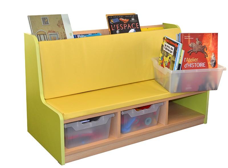Banquette scolaire simple face avec rangement par niches - mélaminé, 4 niches, options bacs et cousins_0