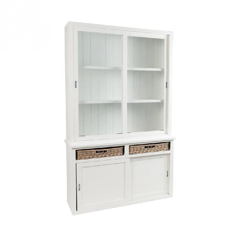Buffet en bois et verre blanc - Softy - Style campagne chic avec cannage et paniers naturels_0