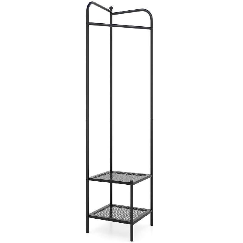 COSTWAY Porte‑vêtements d’angle métallique autonome, crochet supérieur et 2 étagères grillagées, noir - métal TG33371PW_0