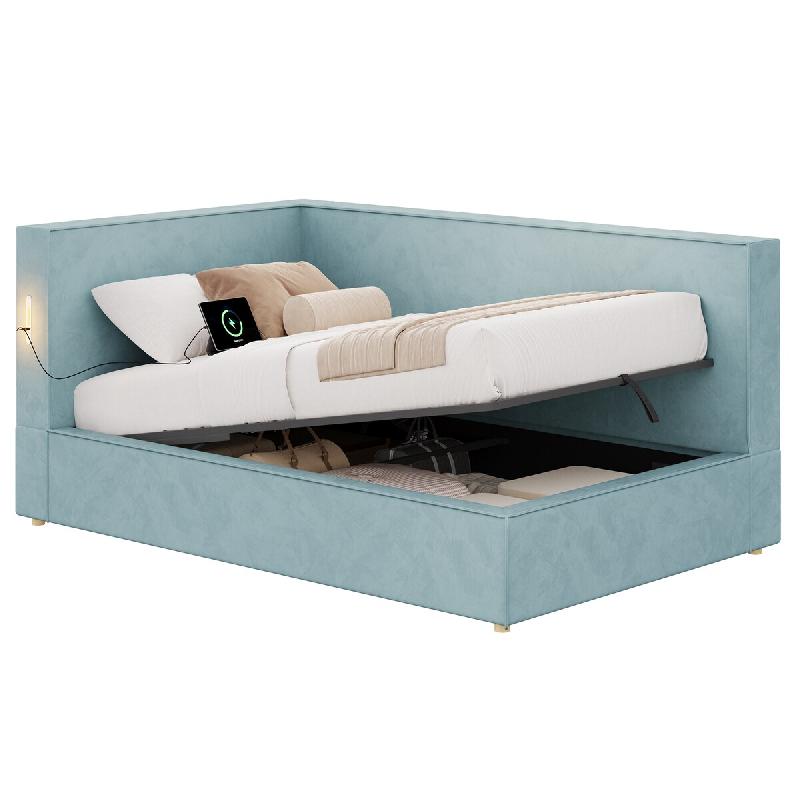Merax Méridienne rembourrée 90 x 200 cm avec rangements hydrauliques, sommier à lattes, LED, ports USB/Type C et velours bleu - bleu multi-matéria_0