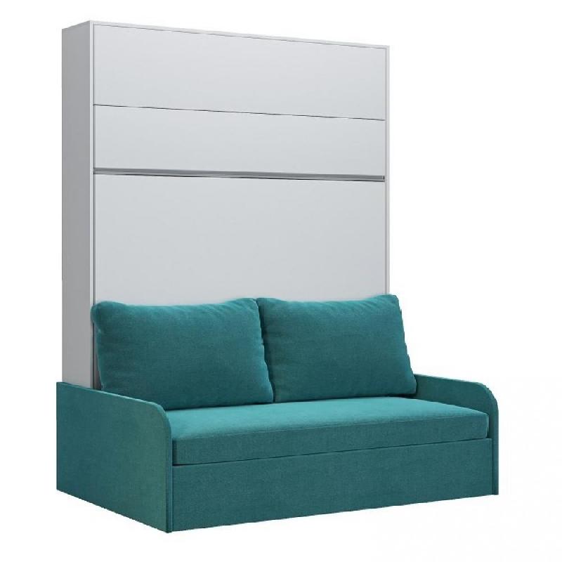 ARMOIRE LIT ESCAMOTABLE BERMUDES SOFA BLANC BANDEAU CANAPÉ BLEU 160*200 CM_0