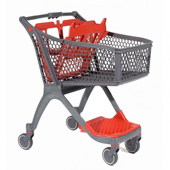 Chariot libre-service supermarché gris/rouge - Avec grille inférieure - 4 roulettes pivotantes - Marque Rolléco_0
