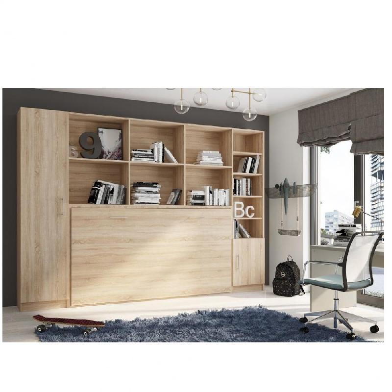 COMPOSITION ARMOIRE LIT HORIZONTALE STRADA-V2 MÉLAMINÉ CHÊNE COUCHAGE 90*200 AVEC SURMEUBLE ET 2 COLONNES RANGEMENTS_0