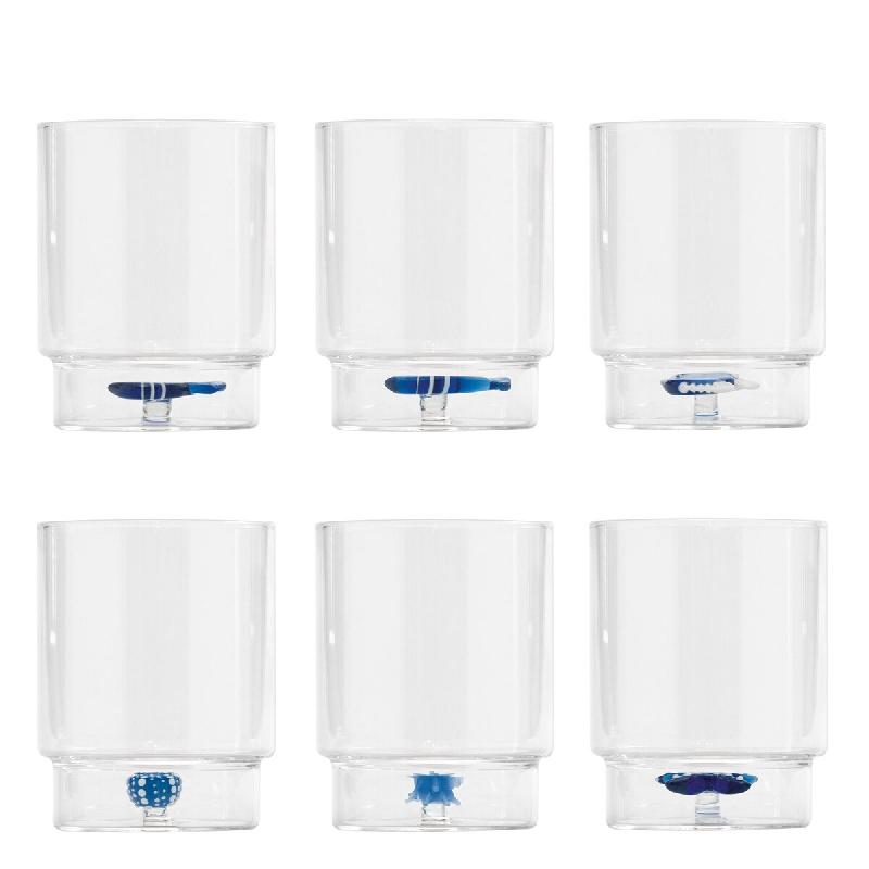 Zafferano Lot de 6 Gobelets Teca Mare en verre borosilicaté fait main avec décors marins assortis, design empilable et élégant - 8054040720710_0