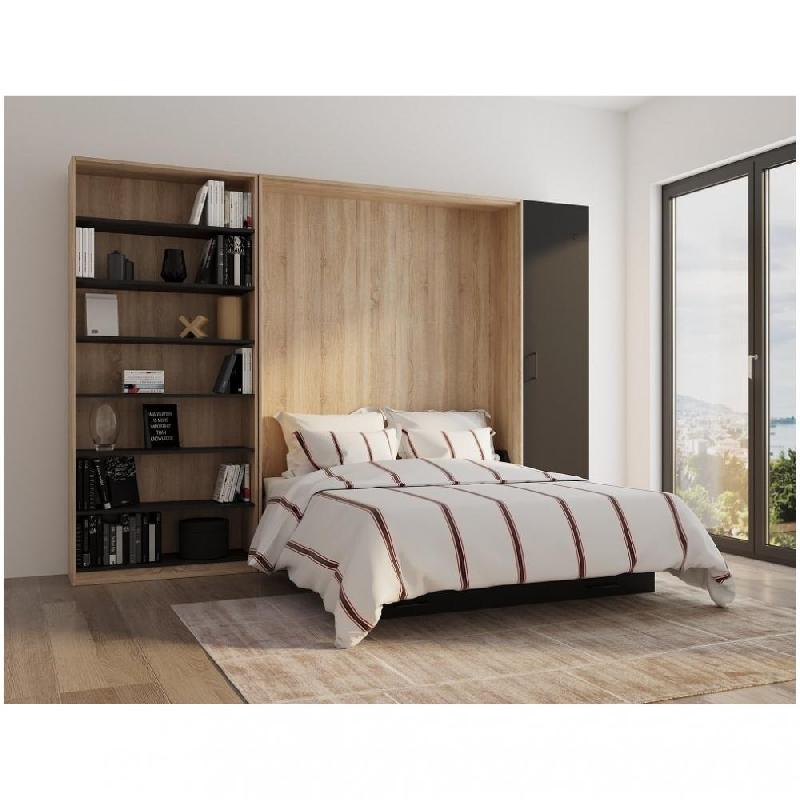 Composition lit escamotable style industriel KEY - Bi-ton chêne noir mat avec bibliothèque 160x200 cm - L325 cm_0