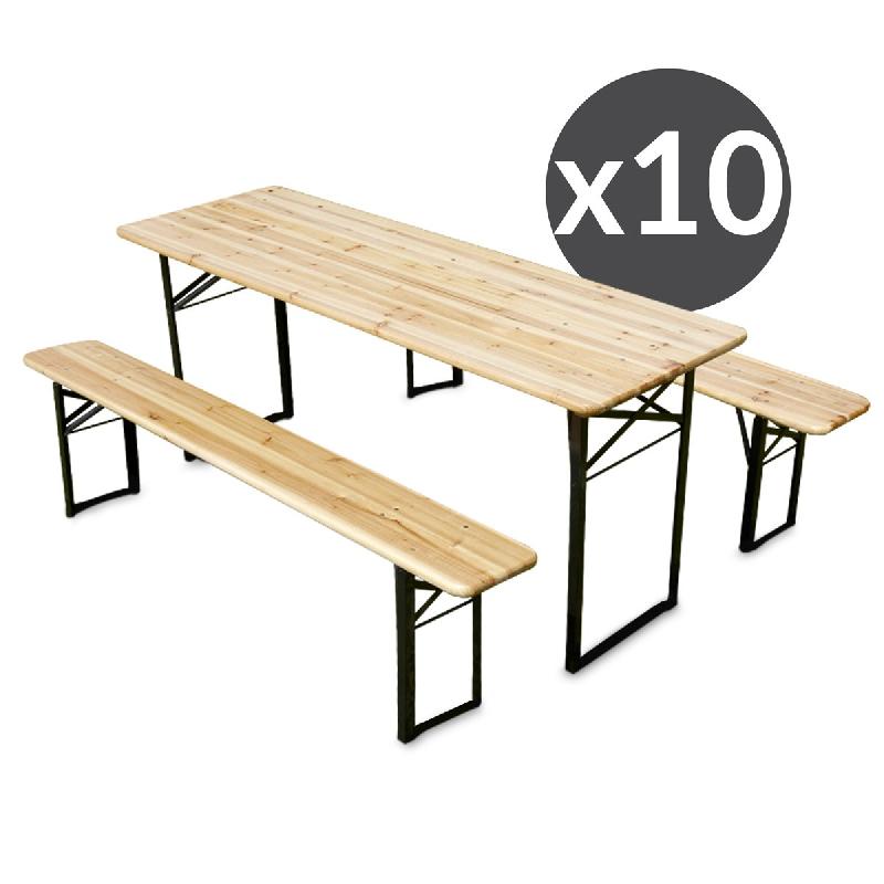 Ensemble brasserie en bois 180 cm - lot de 10 tables et bancs pliants - usage intensif intérieur/extérieur_0