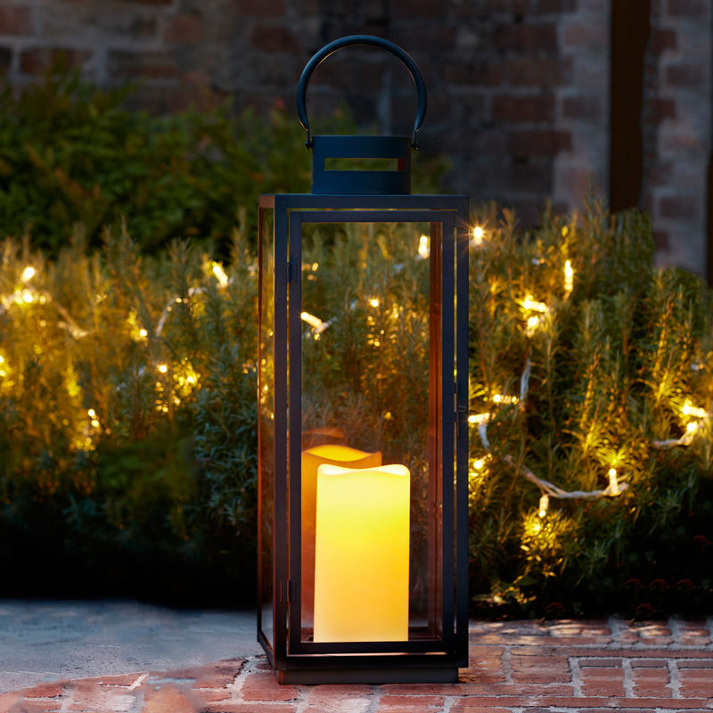 GRANDE LANTERNE NOIRE EN MÉTAL AVEC BOUGIE LED POUR JARDIN À PILES, 65CM LIGHTS4FUN