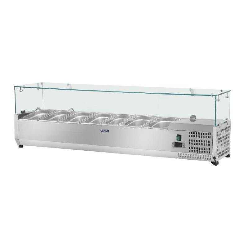 SALADETTE À POSER TABLE COMPTOIR ACIER INOXYDABLE - 150 X 33 CM - 7 BACS GN 1/4 - COUVERCLE EN VERRE 14_0003292_0