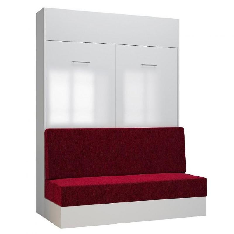 Armoire lit escamotable Dynamo Sofa - Façade blanc brillant effet miroir - Canapé rouge - Couchage 140x200 cm_0