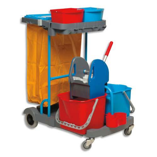 CHARIOT D'ENTRETIEN COMPACT BROSSERIE THOMAS - POLYPROPYLENE - GRIS + PRESSE A MACHOIRES + 2 SEAUX - 22L - ROUGE ET BLEU