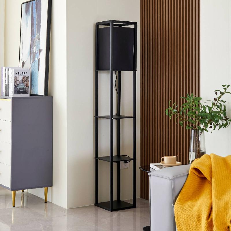 LINDBY LAMPE SUR PIED BIRTA, TABLETTE, BOIS, NOIR, 159CM
