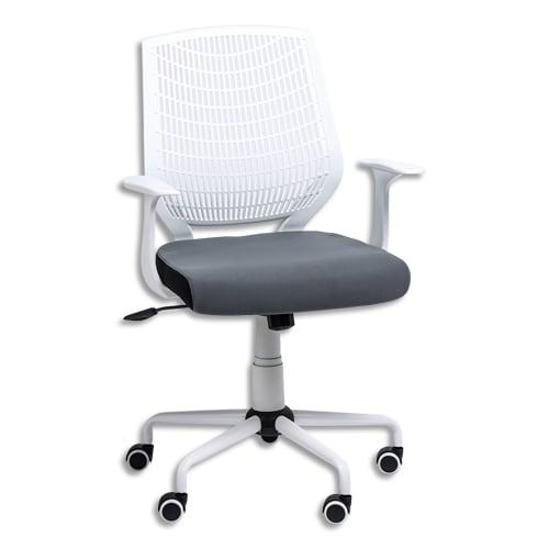 Fauteuil newton en tissus, à mécanisme basculant, blocage 2 positions, assise grise, structure blanche_0
