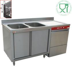 Pack : lave-vaisselle panier 500x500 mm d86/6 avec plonge sur armoires 2 cuves et 1 égouttoir droite 1600 active wash à double parois - L1621VD-AS_D86/6_0