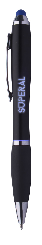 Stylo à bille stylet en plastique noir - Grip caoutchouc - LED lumineuse pour gravure - Encre bleue_0