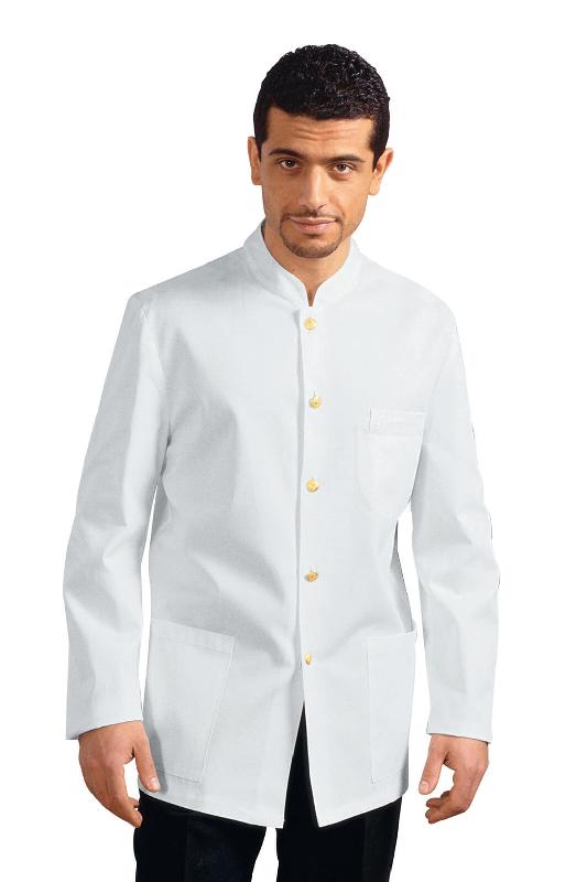 VESTE DE SERVICE COL MAO RAYÉ BLANCHE 100% POLYESTER