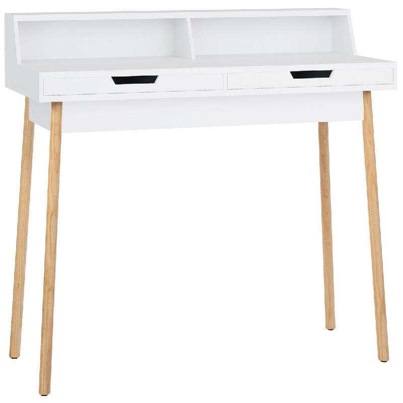 Décoshop26 - Bureau moderne blanc avec tiroirs et étagères – Pieds en chêne naturel 140 cm 10_0009191 - blanc 3000267055413_0