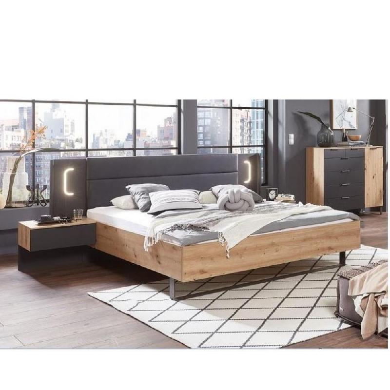Lit design VICK 160 x 200 cm - Chêne artisan et tête en cuir synthétique avec chevets et éclairage LED intégré_0