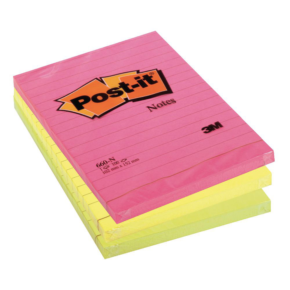 NOTES POST-IT NEON GRAND FORMAT - 102 X 152 MM - LIGNE - LOT DE 6 BLOCS DE 100 FEUILLES - COLORIS ASSORTIS