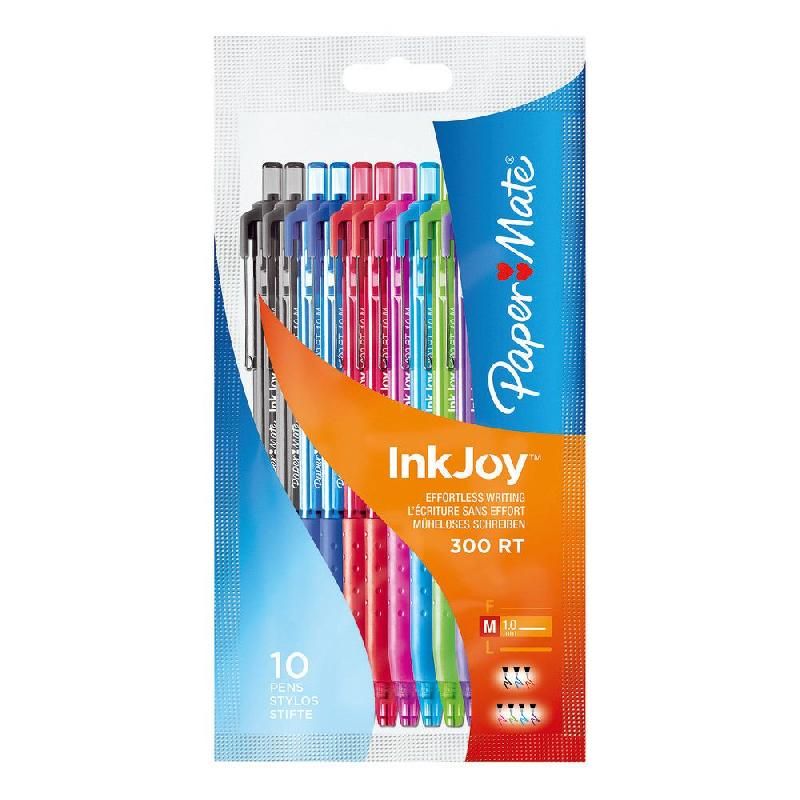 PAPER MATE STYLO BILLE RÉTRACTABLE INKJOY™ 300 COULEURS ASSORTIES 1,0 MM LOT DE 10