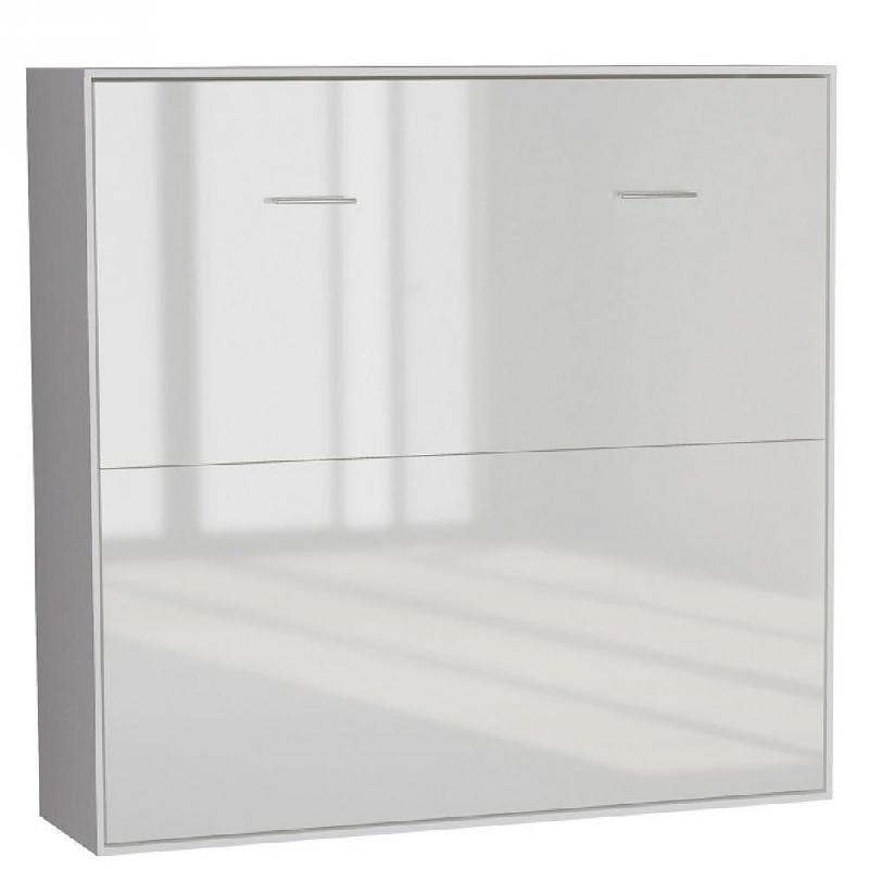 Armoire lit horizontale escamotable STRADA-V2 - Blanc mat et brillant - Couchage 160x200 cm - Design chic effet miroir_0