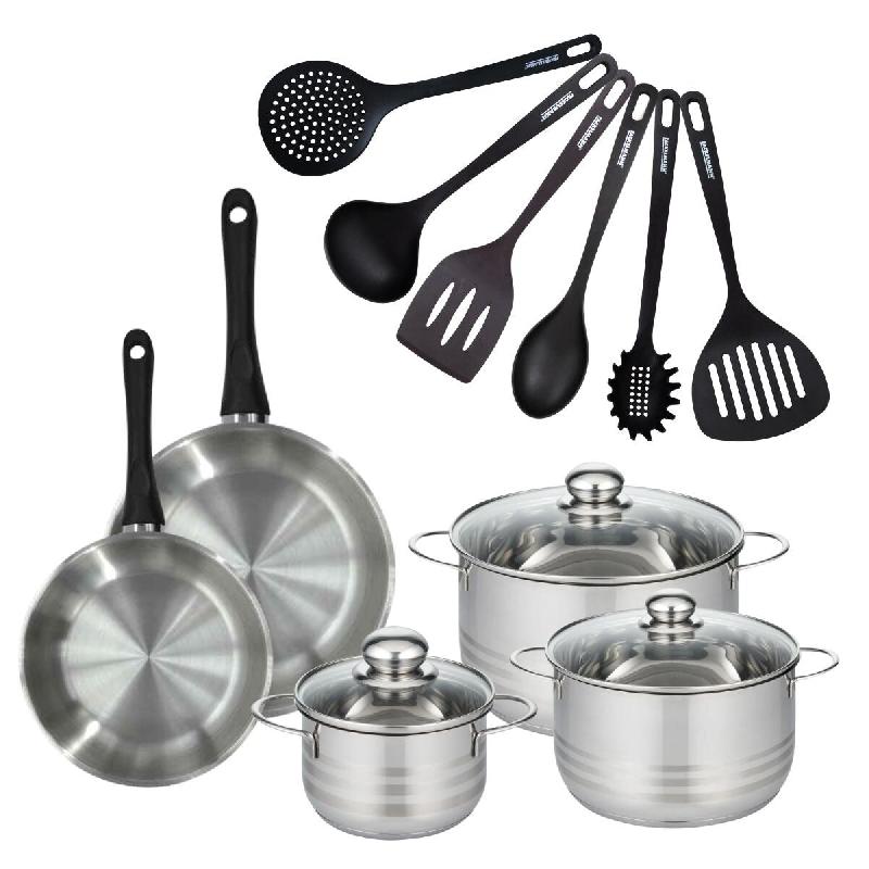 Batterie de cuisine avec 2 poêles 20/24 cm et 3 faitouts 16/20/24 cm avec 6 ustensiles de cuisine sans PFAS Fackelmann Généva Brillant Fénix - gri_0