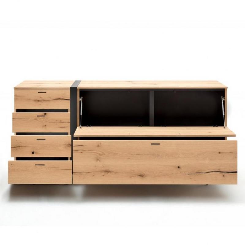 Buffet bas style chêne naturel - 6 tiroirs - intérieur anthracite laqué - 184,7 cm_0