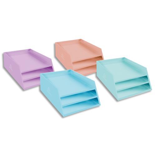 CORBEILLE A COURRIER EXACOMPTA AQUAREL - 3 NIVEAUX - EN CARTON - DIM(LXHXP):35X19X29CM - ASSORTIS PASTEL: BLEU CORAIL MAUVE VERT - LOT DE 4