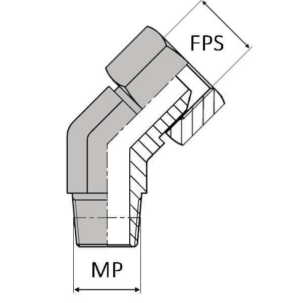 Coude 45° mâle NPT x femelle tournant NPSM (cylindrique) - Cône 60° - 3/4' , 26.56 , 1