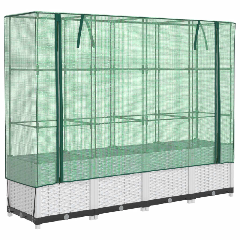 Helloshop26 - Jardinière bac lit surélevé plantes fleurs terrasse jardin surélevée avec housse aspect rotin 160 x 40 x 138 cm blanc 02_0038752 -_0