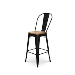 Kosmi Tabouret de bar en métal noir mat style industriel avec dossier haut et assise en bois clair - Hauteur 66cm - 3760301696810_0