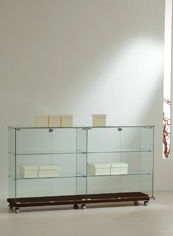 Large vitrine basse 16/90VA - wengé - meuble d'exposition en verre trempé et bois avec 4 tablettes amovibles_0
