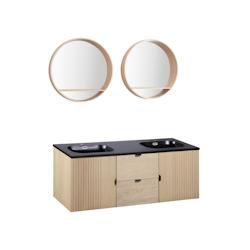 MOB-IN Meuble double vasque 140cm chêne STUDIO suspendu + miroir rond - beige 3760232703250_0