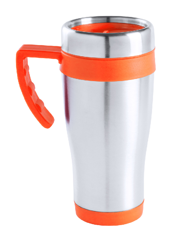 Mug thermos double-paroi en acier inoxydable - 450 ml - finition plastique colorée avec poignée - livré en boîte cadeau_0
