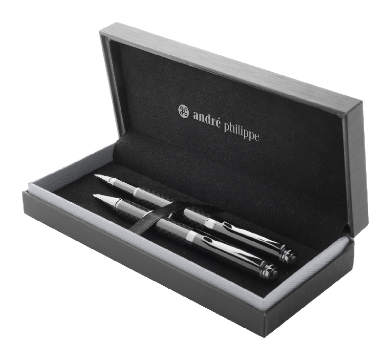 Parure stylo à bille et roller - corps motif carbone - livrée en boîte cadeau noire - André Philippe_0