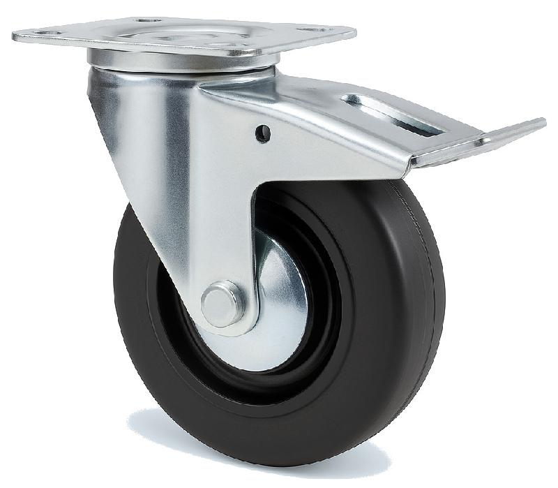 Roulette portroll et manuroll caoutchouc noir à platine pivotante + frein 125mm - GUITEL HERVIEU - 601064 - 867319_0