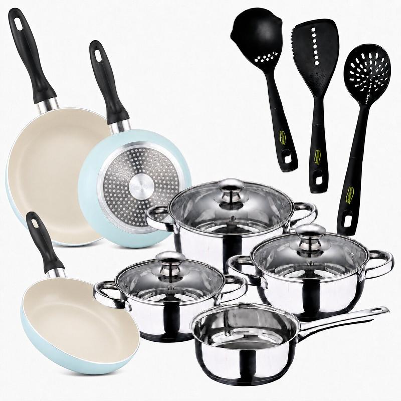 San Ignacio - Batterie de Cuisine Faro 7 pièces en Acier Inoxydable avec 3 Poêles Ø16/20/24 cm et Set de 3 Ustensiles de Cuisine - PK11102_0