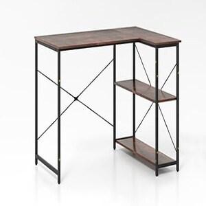COSTWAY Bureau en L, Bureau d'Angle Réversible avec Étagère Réglable et Cadre Métallique, Table d'Ordinateur en Bois, Table de Bureau - marron ON_0