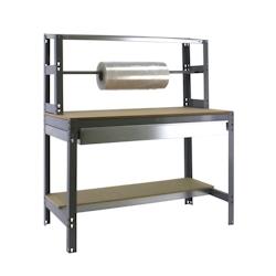 SimonRack Banque de travail sans vis avec étagères en bois et tiroir SIMONWORK BT4 BOX. Couleur GRIS/BOIS 1445x910x760 mm - gris métal 8435104932636_0