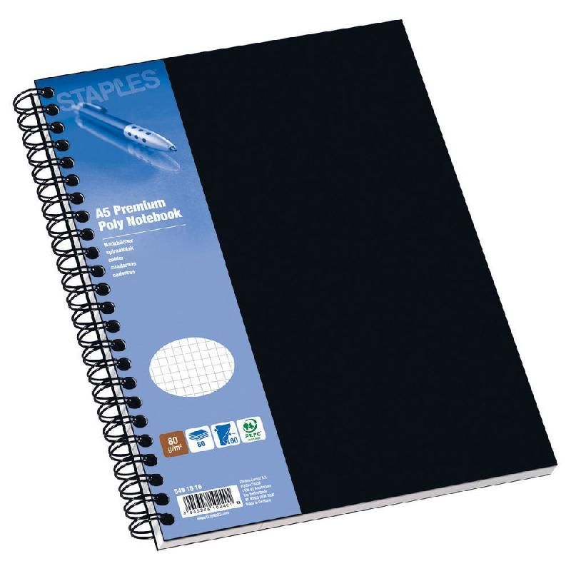 STAPLES CAHIER À SPIRALES POLYPRO - FORMAT A5 (80 G/M2) - 160 PAGES À PETITS CARREAUX - COULEUR NOIR (PRIX À L'UNITÉ)