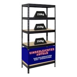 PROREGAL Étagère charge lourde RIVET, HxLxP 180x90x45cm, 250kg par niveau, Système d'emboîtement innovant, Noir, Étagère robuste de Garage - noi_0