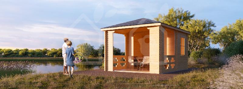 Tonnelle en bois 15m² (3x5) - Pin nordique naturel - Épaisseur murs 28mm_0